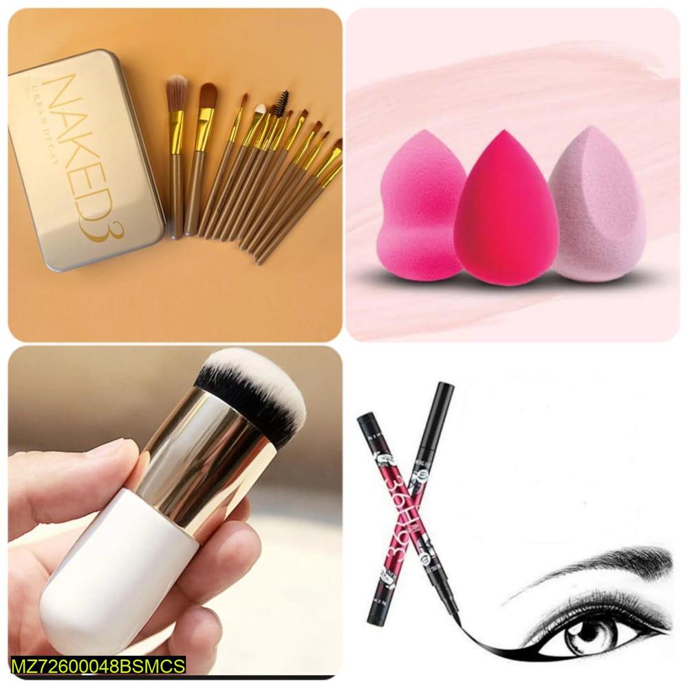 •  Material: Synthetic Fibre
•  Pack Of 4
•  Package Includes: 12 x Makeup Brush, 1 x Random Makeup Sponge, 1 x Eyeliner, 1 x Makeup Brush
•  Disclaimer: Before using a new cosmetic product, conduct a test on a small area of your skin. If you have a speci