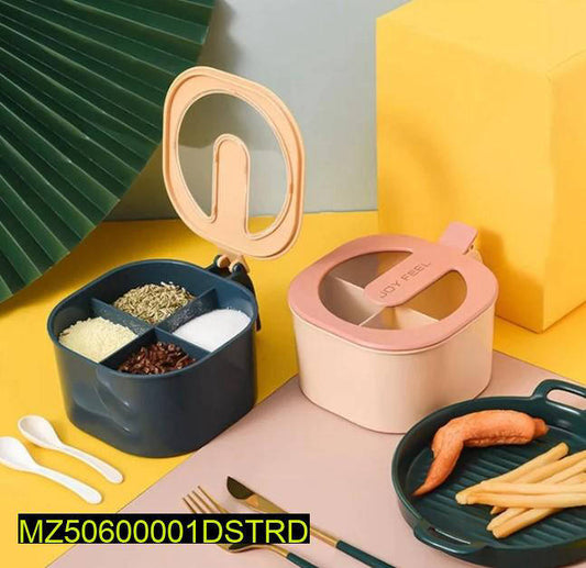 •  Material: Plastic
•  Color: Random
•  4 Compartments
•  Seasoning Box For Kitchen
•  Dimensions: 13.2 x 13.2 x 8 Cm
•  High Quality
•  Package Includes: 1 x Box, 4 x Spoons
•  Note: There might be 1-3cm errors of dimension data due to pure manual measu