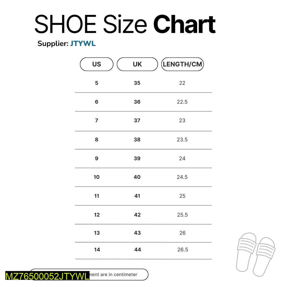 •  Material: Upper Fabric Rexine and PU Sole
•  Pattern: Plain
•  Available Sizes: 6, 7, 8, 9, 10, 11
•  Size Chart: Size Chart Attached
•  Package Includes: 1 x Shoes Pair
•  Note: There might be an error of 1-3 cm due to manual measurement, and slight c